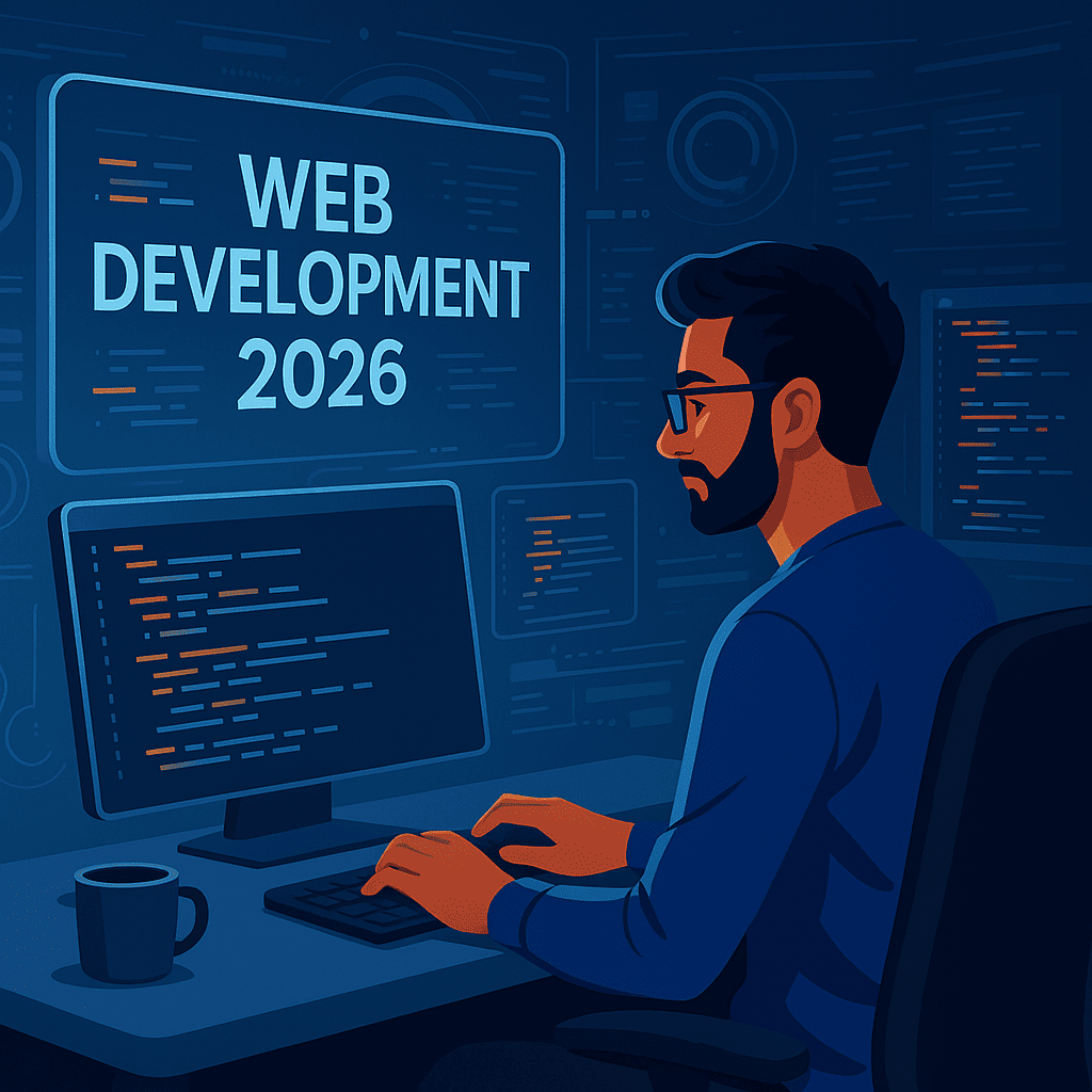 Young web developer coding in a modern workspace for web development in 2026
