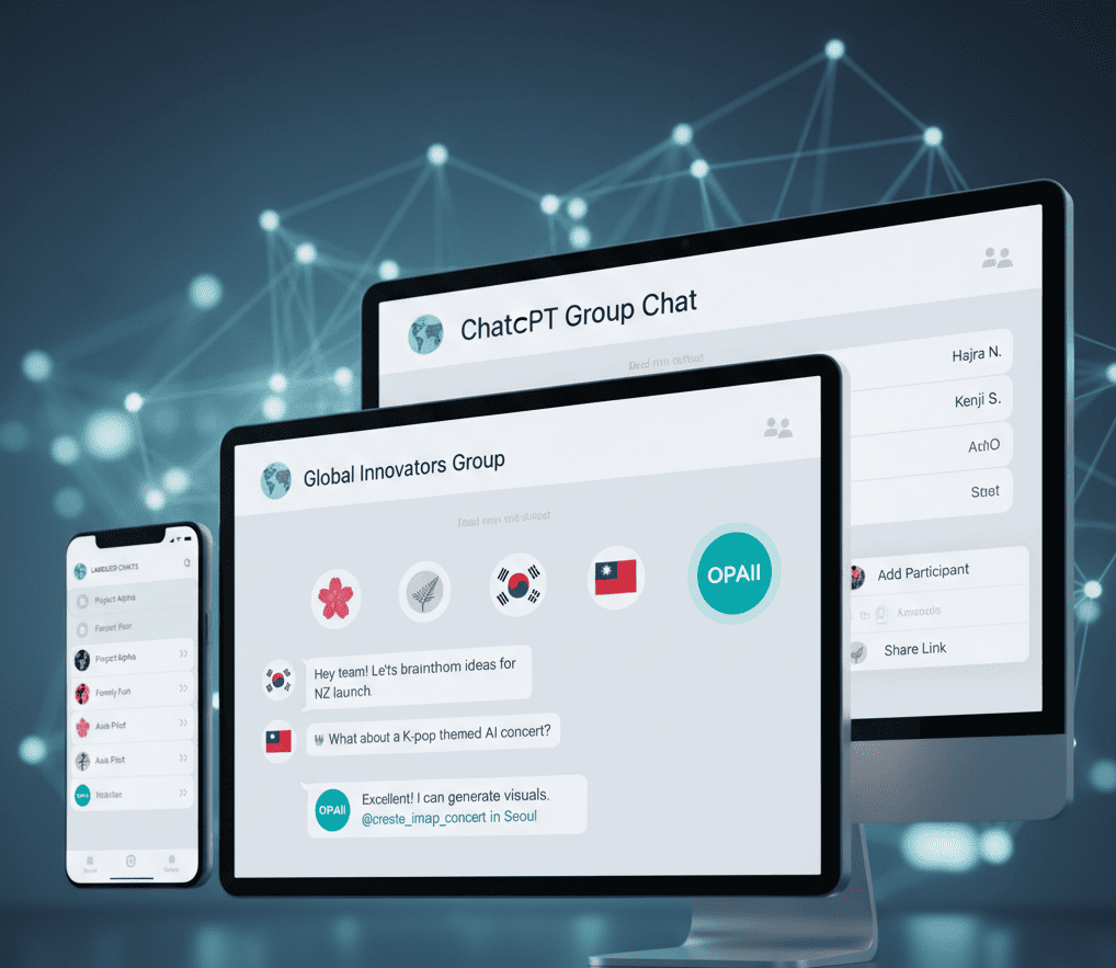 ChatGPT Group Chat feature interface with multiple users collaborating with AI in Japan, New Zealand, South Korea, and Taiwan pilot.