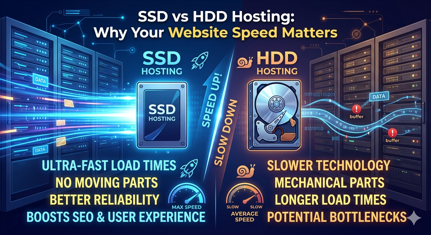 SSD vs HDD hosting speed comparison infographic for web hosting guide
